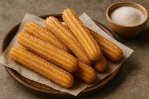 churros caseros dorados y crujientes sobre una bandeja de madera