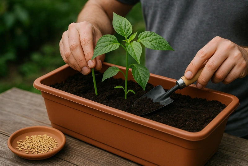 manos plantando semillas de ají rocoto en maceta