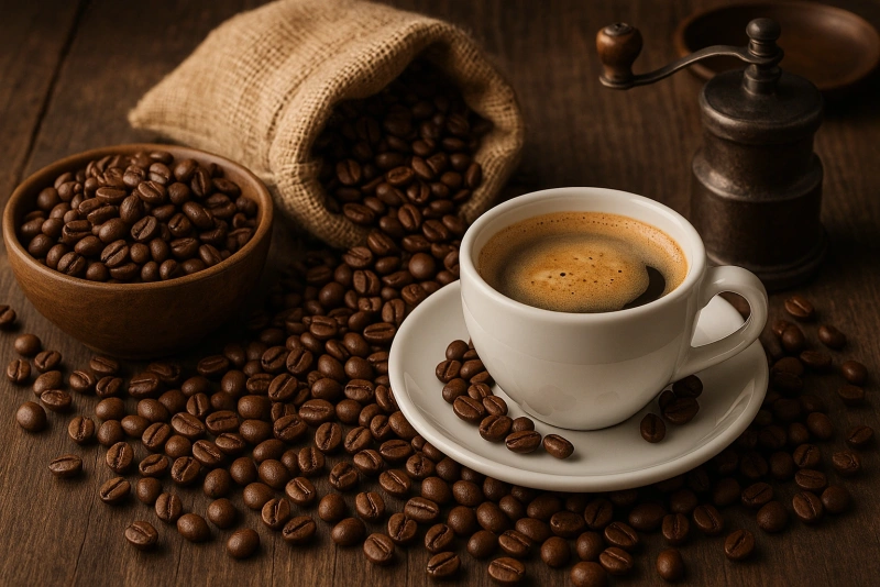 tazas de café y granos alusivos al día internacional del café