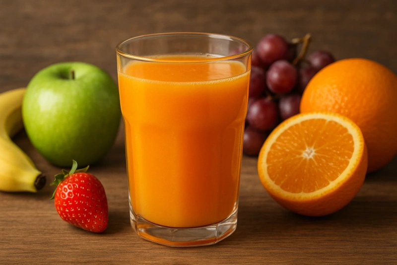 vaso de jugo de frutas frescas sobre una mesa de madera
