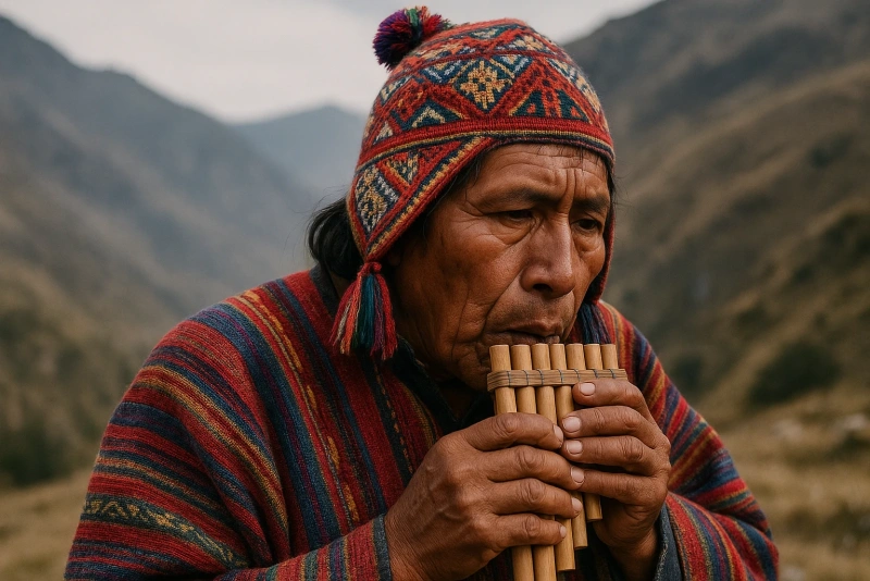 músico andino tocando zampoña en un paisaje montañoso