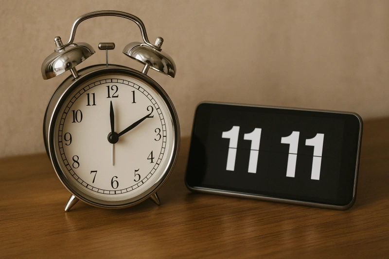 reloj analógico y digital marcando horas espejo