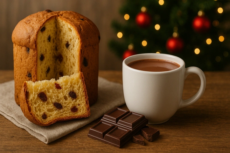 Mesa navideña peruana con chocolate caliente y panetón