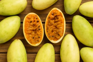 Fruto de tumbo en su hábitat natural verde y exótico