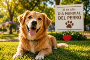 Un perro recostado sobre el césped bajo el sol de julio